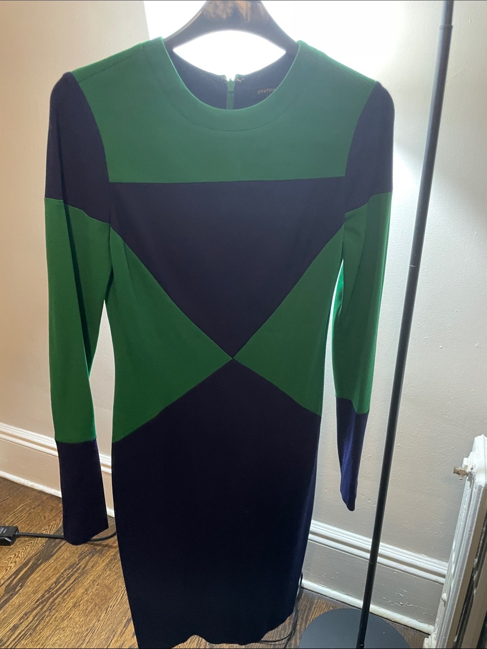 Cynthia Steffe Green and Navy Geometric Long Sleeve Sheath Dress